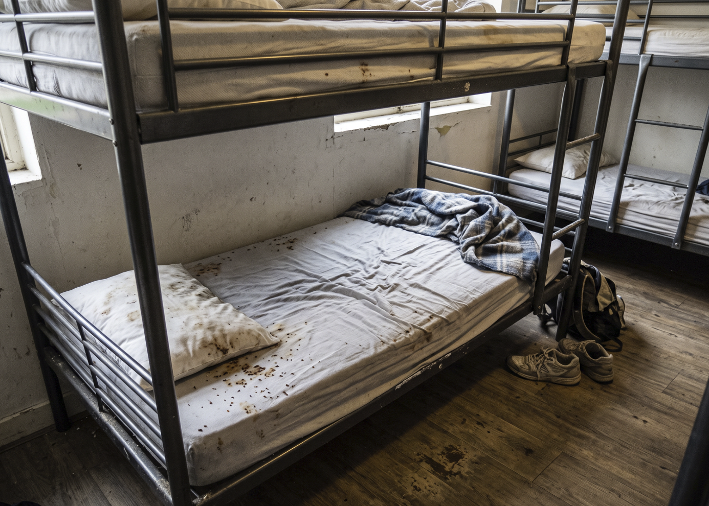 Bed bug infestation on bunk bed mattress