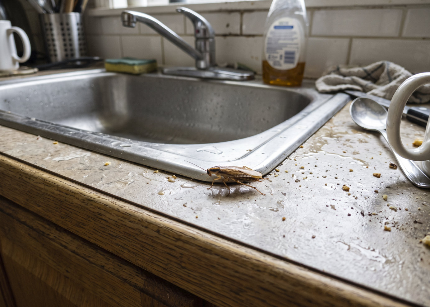 Cockroach near kitchen sink